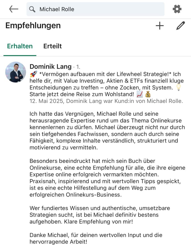 Online Kurs Masterclass Erfahrung Dominik